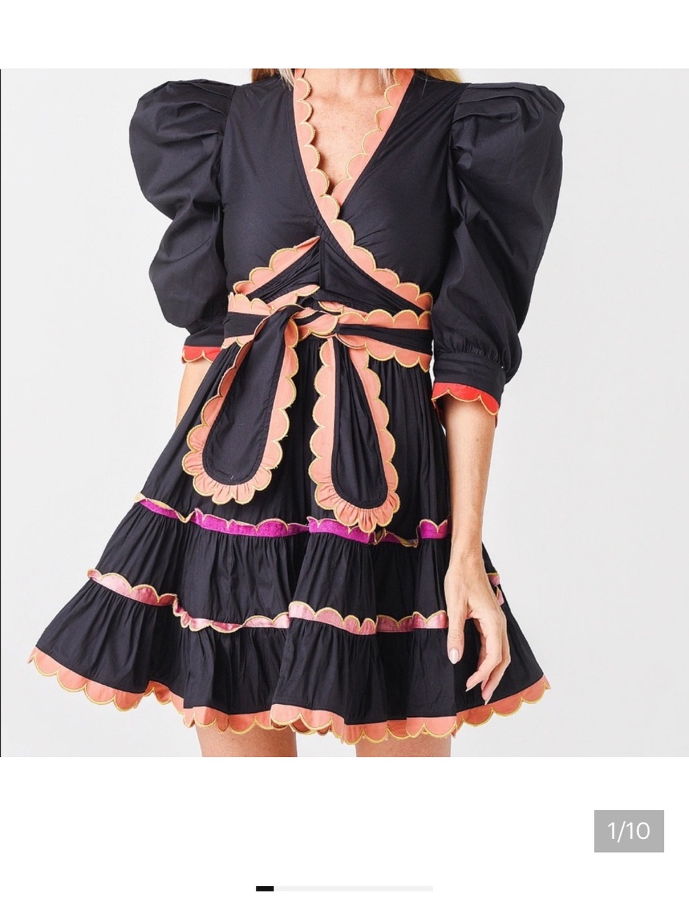 CELIAB Sapin Scalloped Puff-Sleeve Mini Dress Black